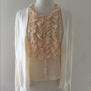NWT Jcrew cream cardigan w/ruffle underlay. Sz XS